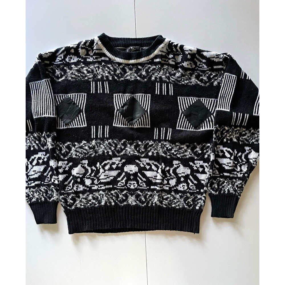 Men’s Black White Geometric Knit Crew Neck Alan Stuart Pullover Sweater Vintage